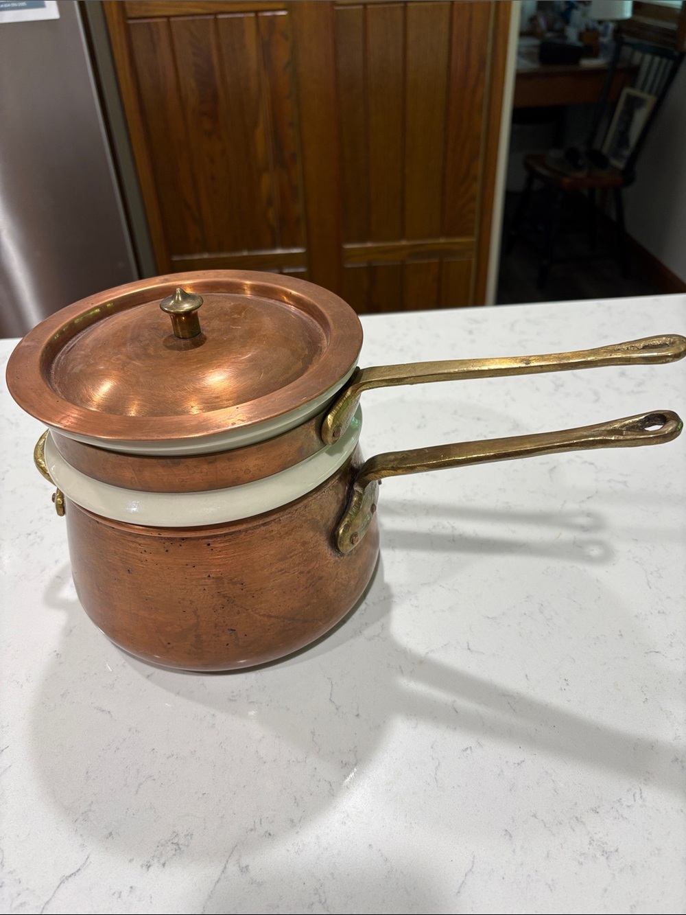 Vintage Baine Marie Copper & Porcelain Double Saucepan Set with Brass Handles